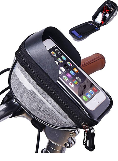 حقيبة إطار دراجة مائية مضادة للمطر 2 في 1 للهواتف المحمولة مع حامل هاتف مدمج، حقيبة علوية للدراجة قابلة للتثبيت على أنبوب الدراجة العلوي أو الساق الأمامية، حقيبة تخزين متعددة الاستخدامات للدراجات، مقاومة للصدمات والخدوش، سريعة التركيب والإزالة، سعة 1.3 لتر، مناسبة لجميع هواتف 4.7-7 إنش مثل iPhone 17 Pro Max و16 و15 و14 Pro، Galaxy S25، مع غطاء مطري مقاوم للماء لحماية الهاتف والأمتعة الصغيرة مثل المحفظة والمفاتيح والشاحن وأدوات الدراجة، حقيبة ركوب الدراجات الاحترافية للطرق الطويلة، رحلات الجبال، السفر اليومي، والرحلات الرياضية، مصنوعة من مواد متينة وعالية الجودة، تصميم حساس للمس لتسهيل الاستخدام أثناء القيادة، مثالية لمحبي ركوب الدراجات، والتخييم، والتنقل السريع بأمان.